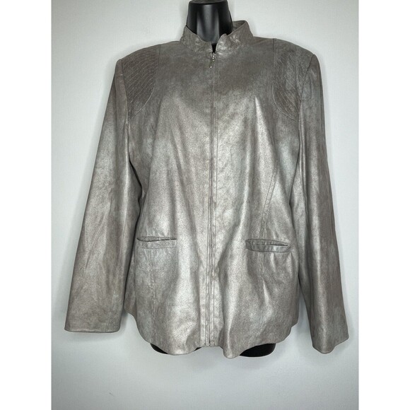 Alfred Dunner Woman Gray Silver Soft Faux Suede Zip Jacket w Pockets Sz 14 - Picture 1 of 9